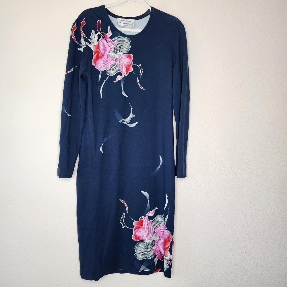 Prabal Gurung Navy Floral Long Sleeve Jersey Dress L